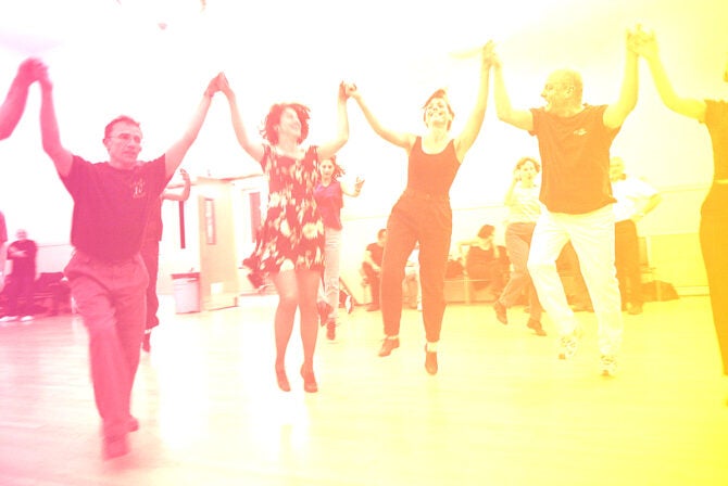 PNISRAELI21b2-C-13MAR03-PF-LH–For 17 years 75-100 people meet in Palo Alto to dance in the largest of several Israeli folk dancing troupes in the area. left to right–Amitay Levi, Tsipi Landen, Kathy Knopoff, Yossi Kleinbort.  (PHOTOGRAPHED BY LIZ HAFALI